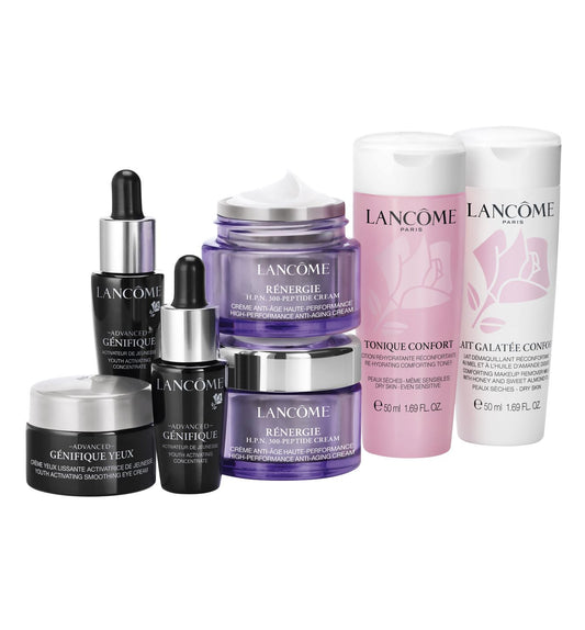 Set Lancome: Renergie HPN 300-Peptide, Anti-Aging, Daily, Cream, For Face, 2 pcs, 15 ml + Advanced Genifique, Anti-Aging, Serum, For Face, 2 pcs, 7 ml *Miniature + Advanced Genifique, Hydration, Eye Cream, 5 ml + Galatée Confort, Free of allergens, Makeup